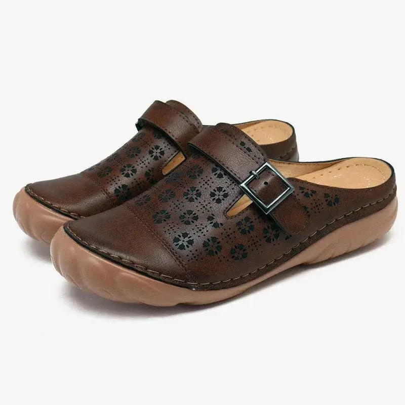 PU Leather Women Slippers Round Toe Summer Hollow Outdoor Flat Shoes Casual Leather Buckle Loafers Shoes Women Sandals WSH4459 
