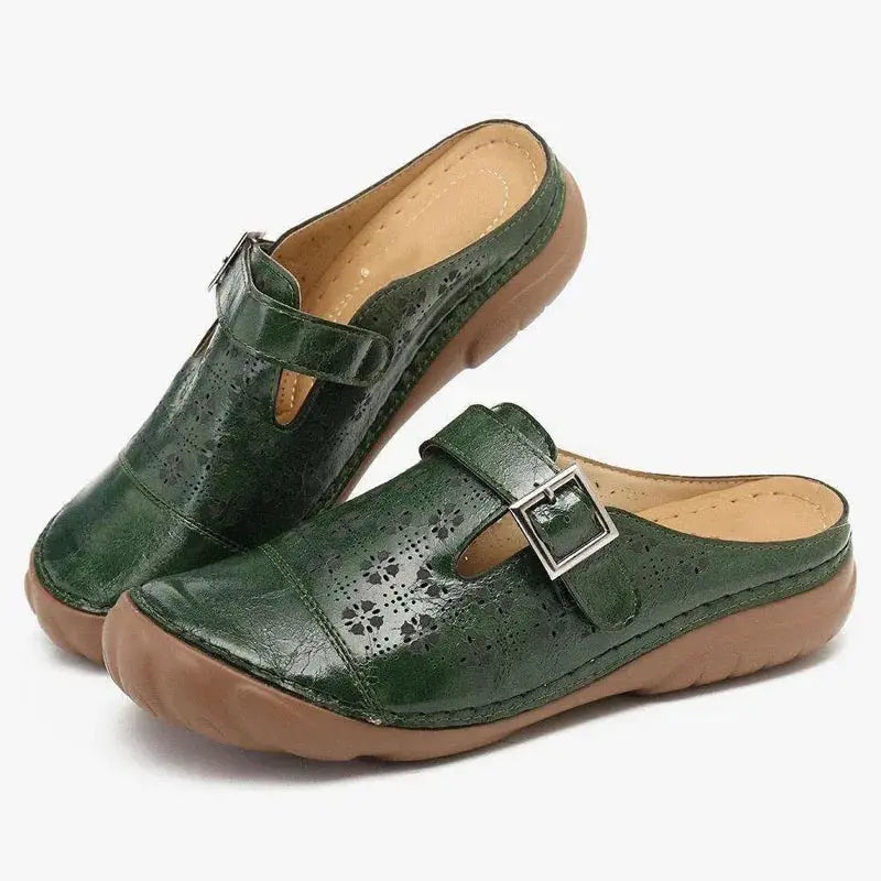 PU Leather Women Slippers Round Toe Summer Hollow Outdoor Flat Shoes Casual Leather Buckle Loafers Shoes Women Sandals WSH4459 