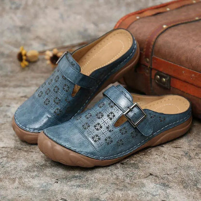 PU Leather Women Slippers Round Toe Summer Hollow Outdoor Flat Shoes Casual Leather Buckle Loafers Shoes Women Sandals WSH4459 