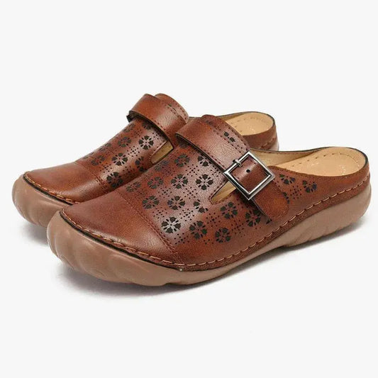 PU Leather Women Slippers Round Toe Summer Hollow Outdoor Flat Shoes Casual Leather Buckle Loafers Shoes Women Sandals WSH4459 